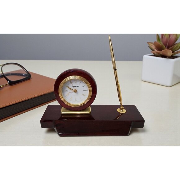 Vintage Timedesign Quartz Clock & Pen Executive Desk Set, Rosewood and Brass Pla - Picture 3 of 7